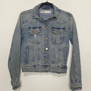 Zara Distressed Light Blue Denim Jacket Size Small